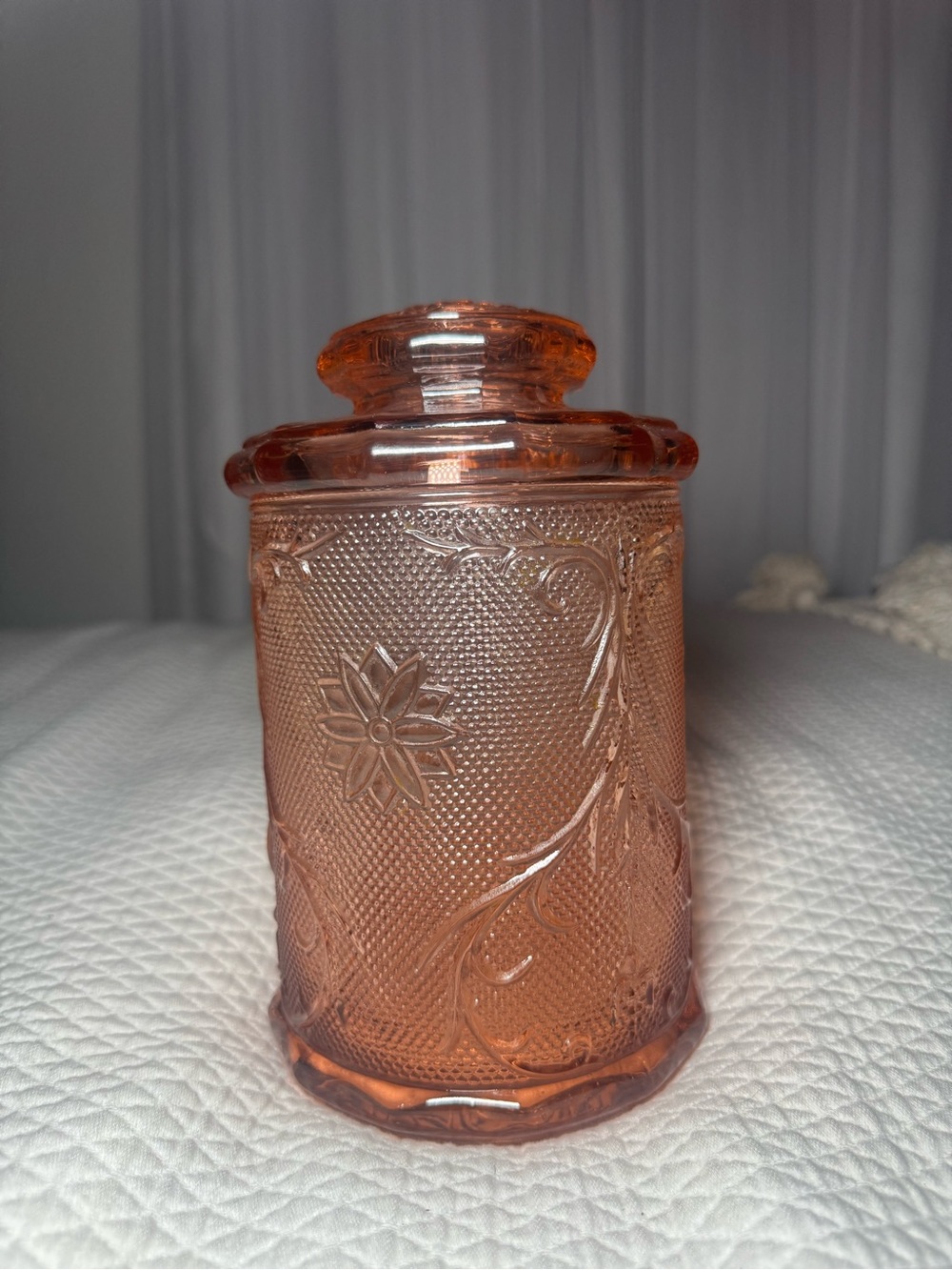 Vintage Tiara Indiana Glass Sandwich Pink LARGE Canister Jar w/ Lid Floral